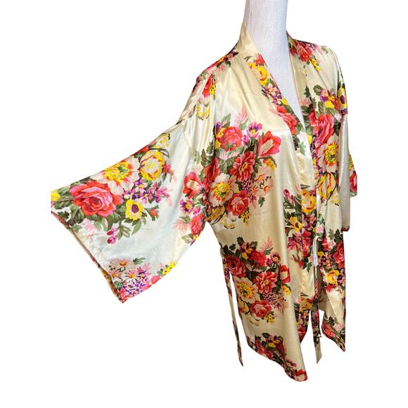Floral satin kimono robe pajamas sleepwear loungewear glam feminine - Picture 2 of 6